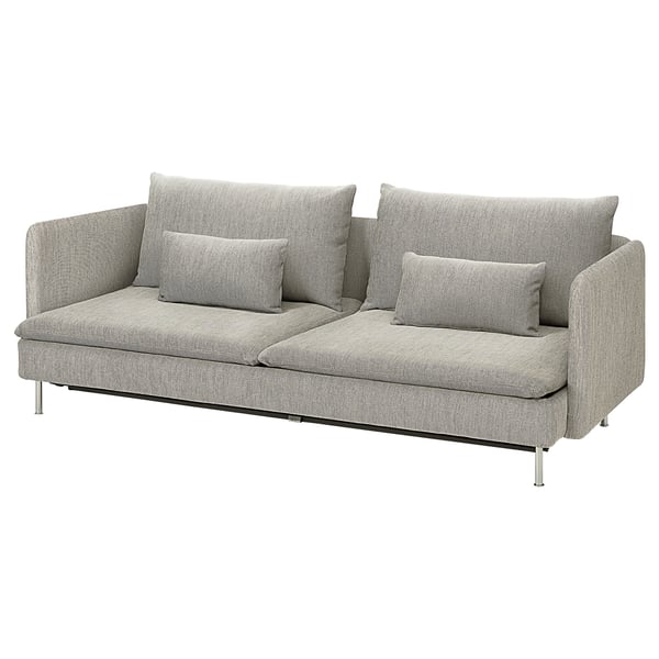 SÖDERHAMN-Sofa in grauem, modernes, minimalistisches Design mit tiefen Sitzen, stützenden Polstern, umbaubar zu einem Doppelbett.