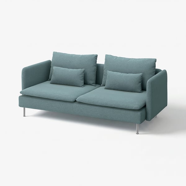 Das türkisfarbene SÖDERHAMN-Sofa ist ein modernes, flaches Design mit tiefen Sitzen und abnehmbaren Polstern, gestützt von schlanken Metallbeinen.