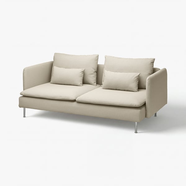 SÖDERHAMN-Sofa, beige, modern, flach auffällig, tiefe Sitze, Metallbeine, minimalistisch.
