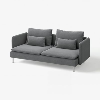 Graues SÖDERHAMN-Sofa mit tiefen Sitzen, hohen Beinen und Kissen. Modernes, minimalistisches Design.