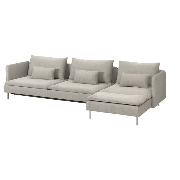 Ein graues SÖDERHAMN Sektionsschlafsofa mit schlankem Design und mehreren Kissen.