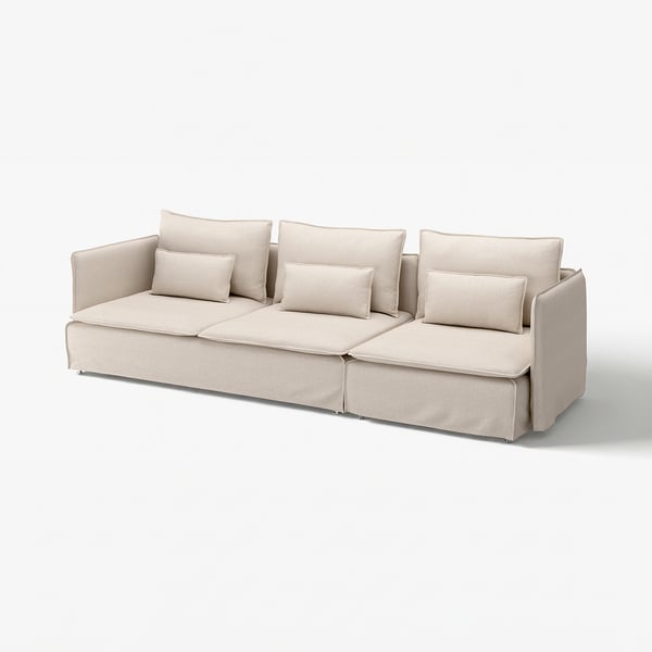 Beige SÖDERHAMN-Sofa, modernes minimalistisches Design, tiefe Kissen, Stoffbezug.
