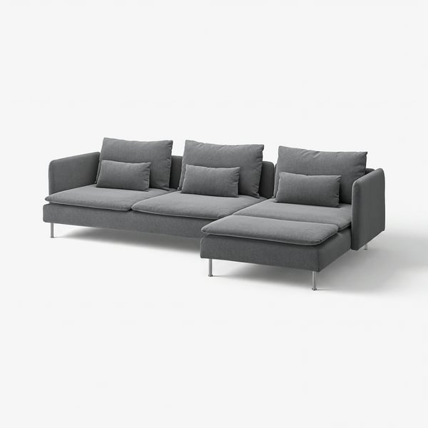 SÖDERHAMN graues Sofa, modern, tiefe Sitze, verstellbare Chaiselongue, weicher Stoff, schlanke Metallbeine.