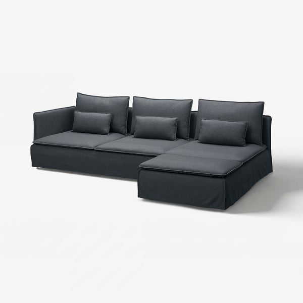 Modernes, dunkelgraues Ecksofa mit Kissen, schlankes Design, L-Form.