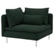 Grünes Ecksofa, moderne, tiefe Kissen.