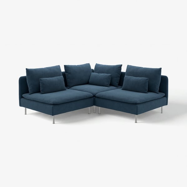 Modernes blaues Ecksofa, SÖDERHAMN, mit tiefen Sitzen, klaren Linien und Metallbeinen.