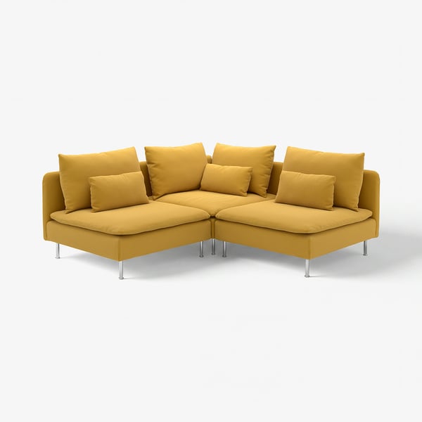 Gelbes SÖDERHAMN-Ecksofa, modernes Design mit weichen, tiefen Sitzen und abnehmbaren Polstern.