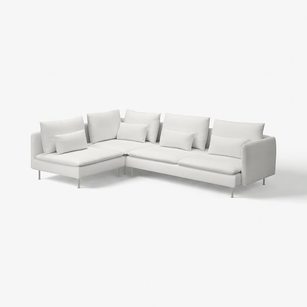 Ein weißes SÖDERHAMN-Ecksofa mit klaren Linien und weichen Kissen, das ein modernes und komfortables Design bietet.