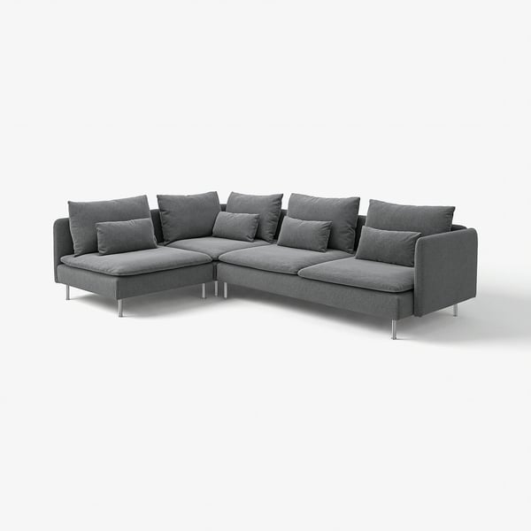Modernes, graues, l-förmiges Ecksofa mit schlanken Metallbeinen und zahlreichen Kissen.