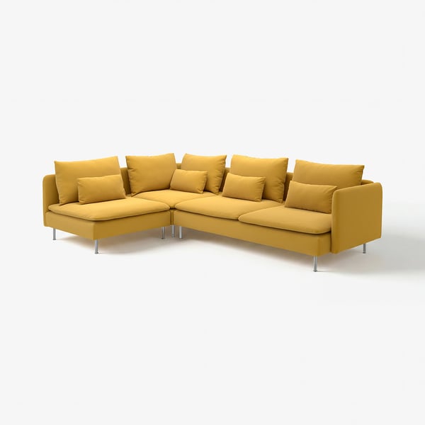 Mustard SÖDERHAMN Ecksofa mit tiefen Sitzen, Metallbeinen und lockeren Polstern für entspannten Komfort.