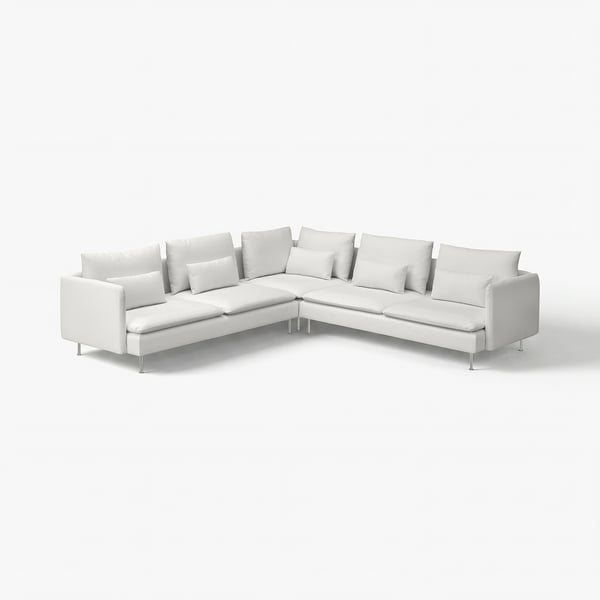 Modernes weißes Ecksofa mit weichen Kissen und klaren Linien. U-förmig, ideal für geräumige Räume.