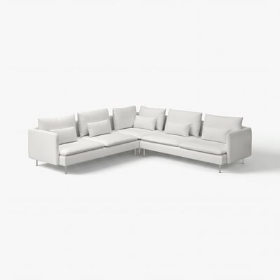 Modernes weißes Ecksofa mit weichen Kissen und klaren Linien. U-förmig, ideal für geräumige Räume.