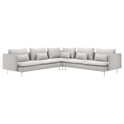 SÖDERHAMN Ecksofa, hellgrau, modern mit tiefen Sitzen, hohen Beinen und abnehmbaren Polstern.