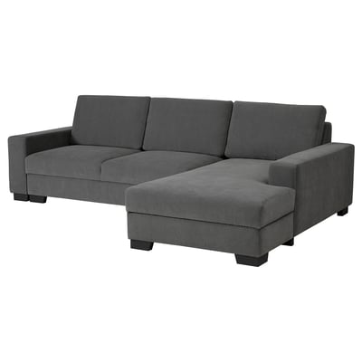 Graues, modernes L-förmiges Sofa mit dunklen Holzbeinen im minimalistischen Stil, bietet Sitzgelegenheiten und Stauraum.