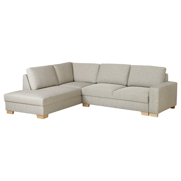 Das Sektionssofa SÖRVALLEN in Hellgrau mit modernem skandinavischem Design, L-förmig mit Chaiselongue und getragen von Holzbeinen.