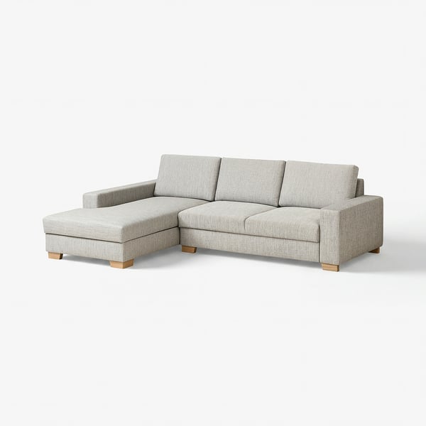 Modernes, hellgraues L-förmiges Sofa mit Holzbeinen, minimalistisches Design.