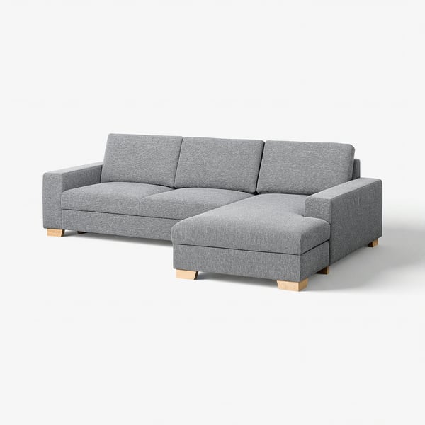 Modernes graues L-förmiges Sofa, minimalistisches Design, Holzbeine, bequem, skandinavischer Stil.