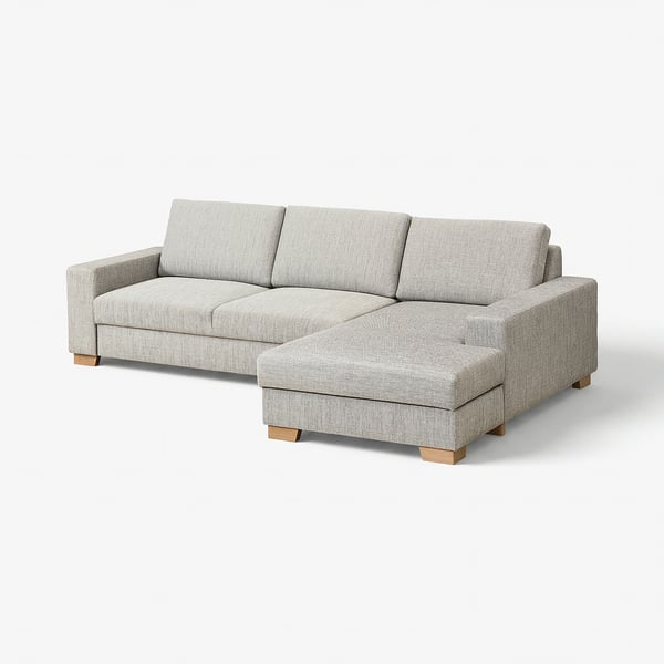 Modernes, hellgraues L-förmiges Sofa, minimalistisches Design, Holzbeine, tiefe Kissen.