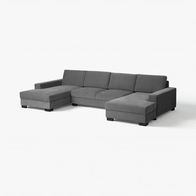Ein modernes graues Ecksofaset mit der Aufschrift SÖRVALLEN. Sie umfasst ein Sofa und eine Chaiselongue, die im minimalistischen skandinavischen Stil gestaltet sind.