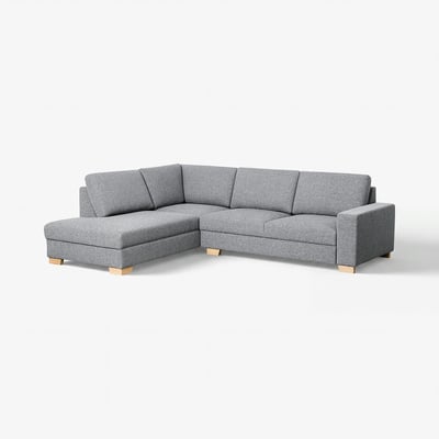 Modernes, graues L-förmiges Sofa, aus recycelter Baumwollmischung, minimalistisches skandinavisches Design.