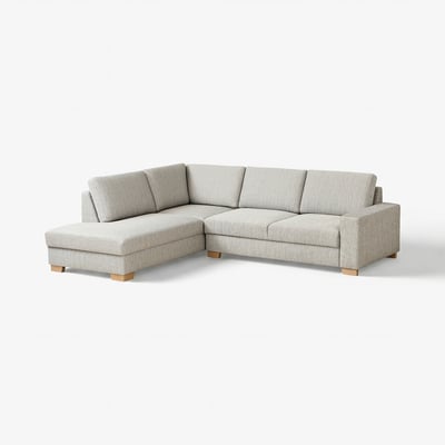 Graues SÖRVALLEN-Ecksofa, 2-Sitzer mit Chaiselongue, modernes skandinavisches Design, helle Holzbeine.
