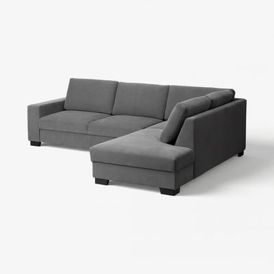 Ein modernes graues SÖRVALLEN-Ecksofa mit minimalistischem Design, mit Chaiselongue und klaren Linien.