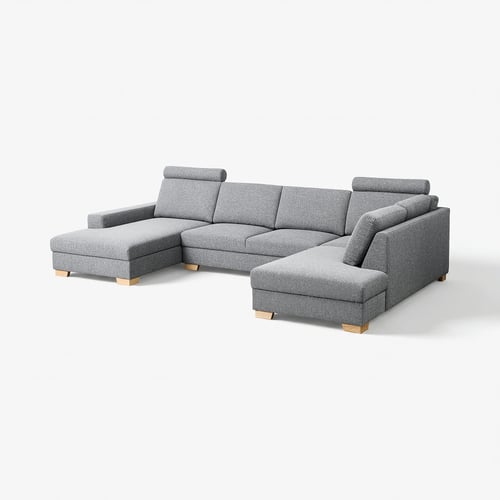 Modernes, u-förmiges graues Sofa mit hellen Holzbeinen, minimalistischem skandinavischem Design, stützenden Kissen.