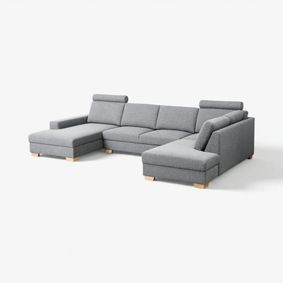 Modernes, u-förmiges graues Sofa mit hellen Holzbeinen, minimalistischem skandinavischem Design, stützenden Kissen.