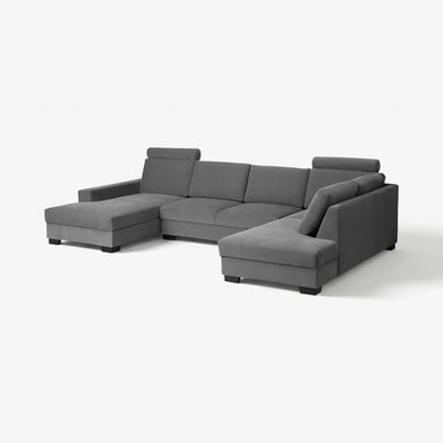 Modernes, graues U-förmiges Sofa mit Chaiselongue, minimalistischem skandinavischem Design.