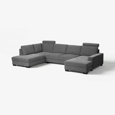 Modernes graues, u-förmiges Ecksofa, minimalistisches Design, dunkle Holzbeine.