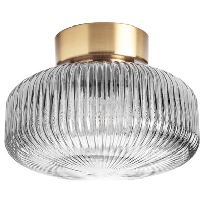 SOLKLINT Deckenleuchte, goldene Platte, gerippter Glasschirm.