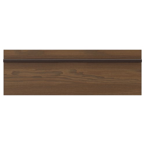 STENSTA Küchenschrankplatte aus dunkelbraunem Eschenfurnier mit breitem Griff aus massivem Holz.
