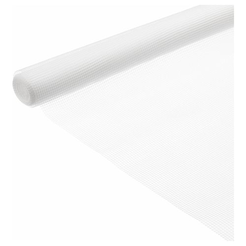 Das Bild zeigt eine weiße, aufgerollte STOPP-Teppichunterlage aus Polyethylen-Kunststoff und synthetischem Kautschuk mit strukturiertem, rutschfestem Design.