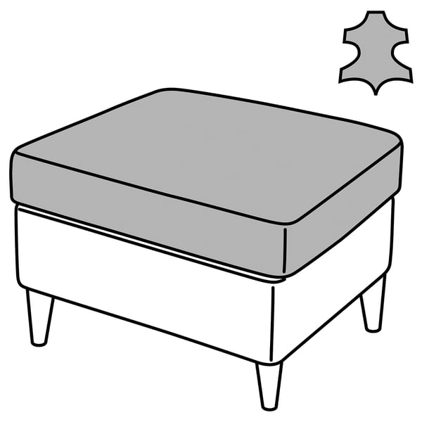 Quadratischer grauer Hocker mit abgewinkelten Beinen, weicher Lederplatte, Stoffseiten, modernem Design.