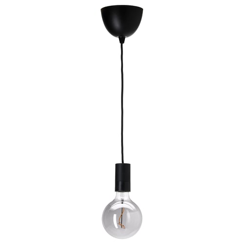 SUNNEBY LED-Glühbirne: schwarzes, rundes Glas, warmes Licht, hängende Schnur.