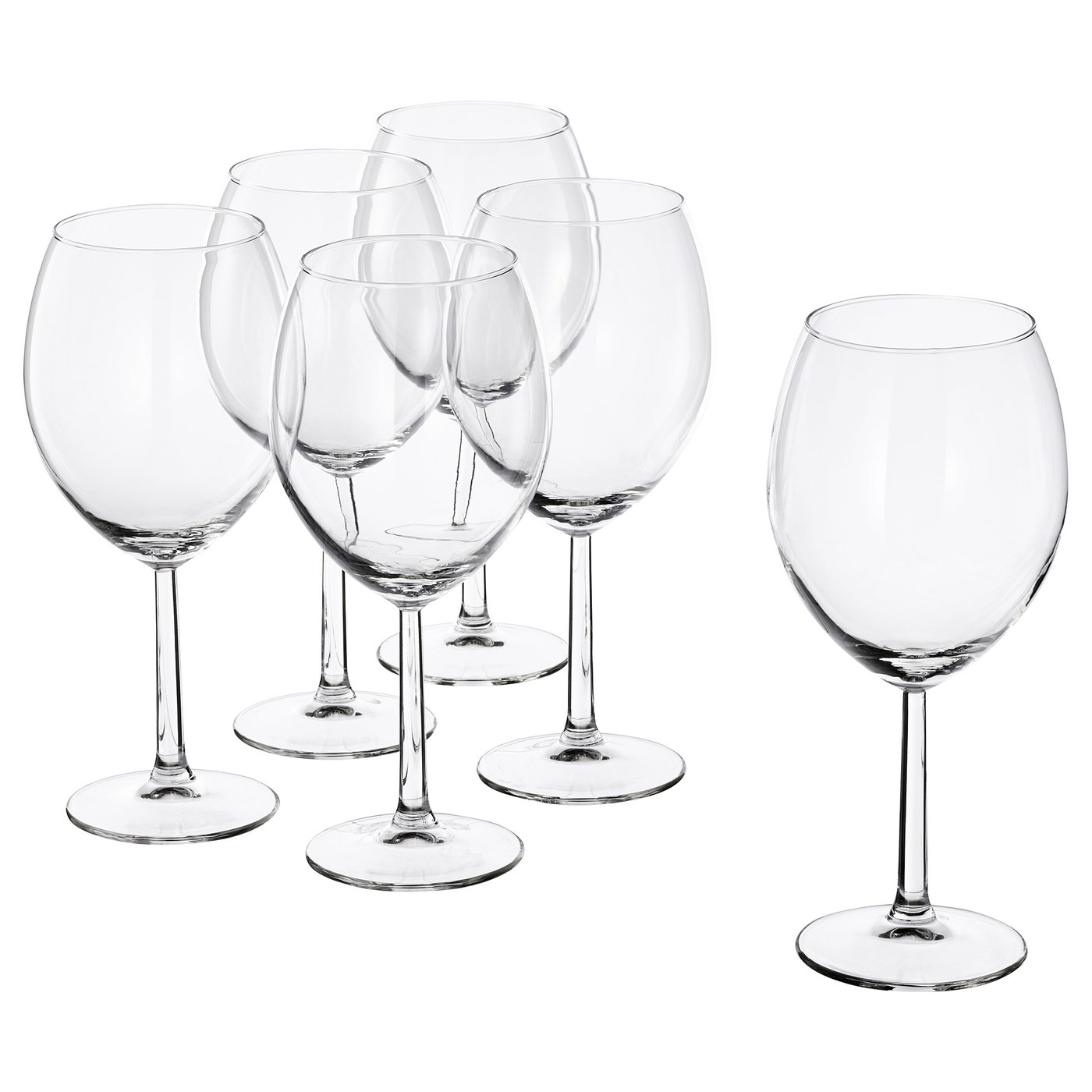 Sechs klare SVALKA-Gläser, modern gestaltet mit breiten Schalen, auf ebenen Flächen stehend, aus Glas.