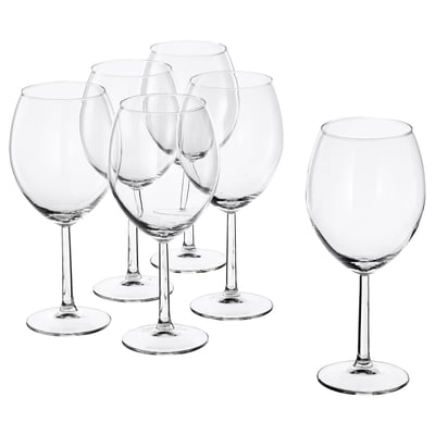Sechs klare SVALKA-Gläser, modern gestaltet mit breiten Schalen, auf ebenen Flächen stehend, aus Glas.