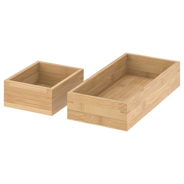 Zwei Aufbewahrungstabletts aus Bambus, natürlich, rechteckig, einfaches Design, ideal für die Organisation.