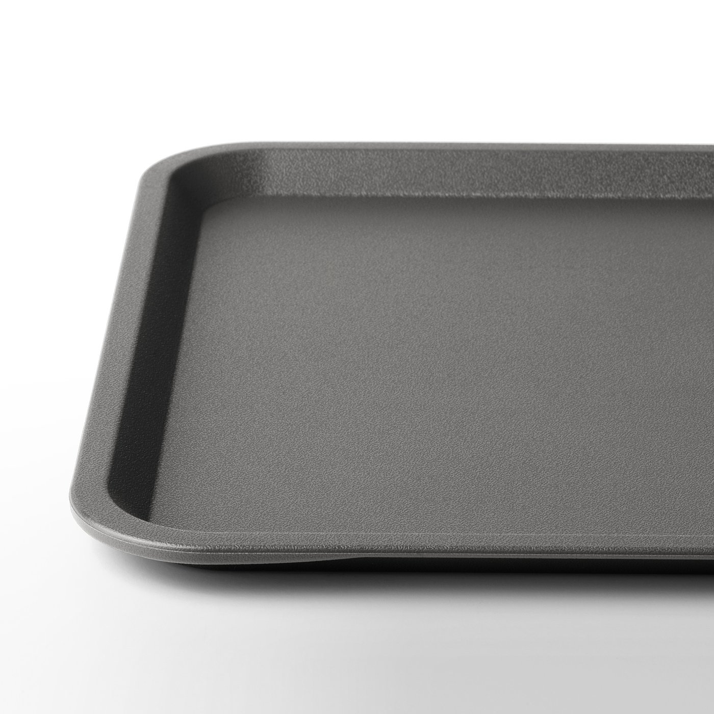 Das Bild zeigt ein schlankes, schwarzes, rechteckiges Tablett mit glatten, abgewinkelten Kanten. Die Oberfläche wirkt sauber, langlebig und frei von Kratzern.