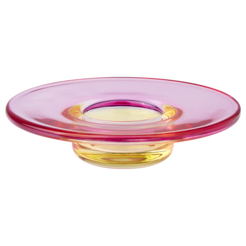TJÄRLEK: rosa-gelber Teelichthalter aus Glas, rund, mit leicht unebener Oberfläche.