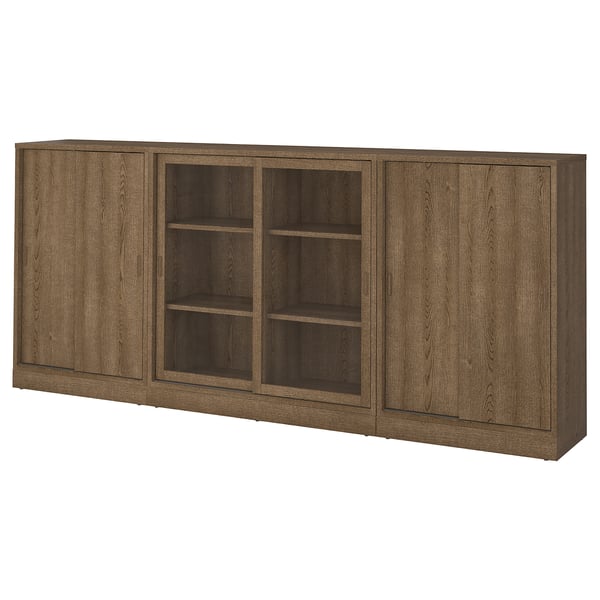 TONSTAD: Bücherregal aus dunklem Holz mit 3 Teilen. 2 Schränke mit Schiebetüren, 1 offenes Regal, schlankes Design.