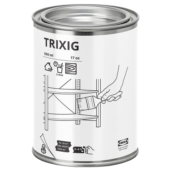 Eine runde weiße Dose mit TRIXIG darauf, mit einer Schwarz-Weiß-Illustration der Holzbehandlung.