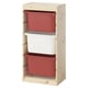 Ikea TROFAST: heller Holzrahmen, rote und weiße Behälter, verstellbarer Stauraum, Organizer für Kinderspielzeug.