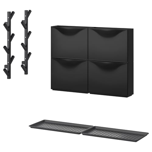 Black TRONES Aufbewahrungsset: Schuhschrank, Wandaufhänger, Matte. Minimalistisches, modernes Design.