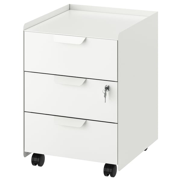 Ein weißer TROTTEN Mobilschrank mit drei Schubladen und Rädern, der sich durch ein schlankes, modernes Design auszeichnet.