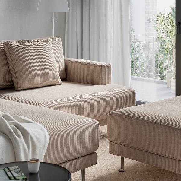 UPPÅKRA 3er-Sitzelement, mit Récamiere links mit Hocker/Samsala graubeige