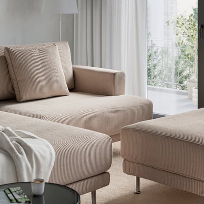 UPPÅKRA 3er-Sitzelement, mit Récamiere links mit Hocker/Samsala graubeige