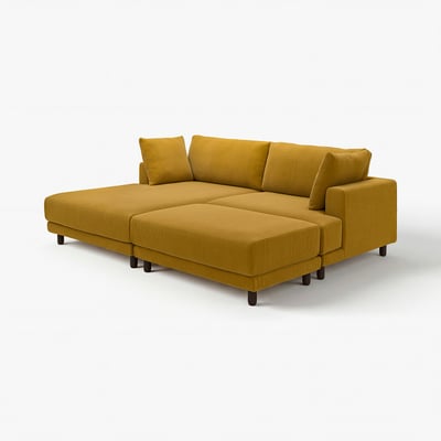 Ein IKEA UPPÅKRA-Sofa, ein modulares Stück in Gelb mit modernem Design. Sie hat breite Polster und ein entspanntes, einladendes Erscheinungsbild.