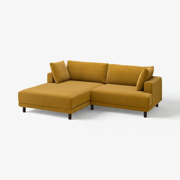 Ein modernes, gelbes UPPÅKRA-Ecksofa mit Chaiselongue, das ein sauberes Design und übergroße Kissen für Komfort bietet.