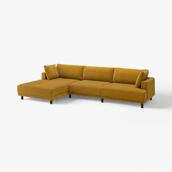 Senfgelbes UPPÅKRA-Ecksofa, modernes Design, saubere Linien, stützende Polster, Holzbeine.
